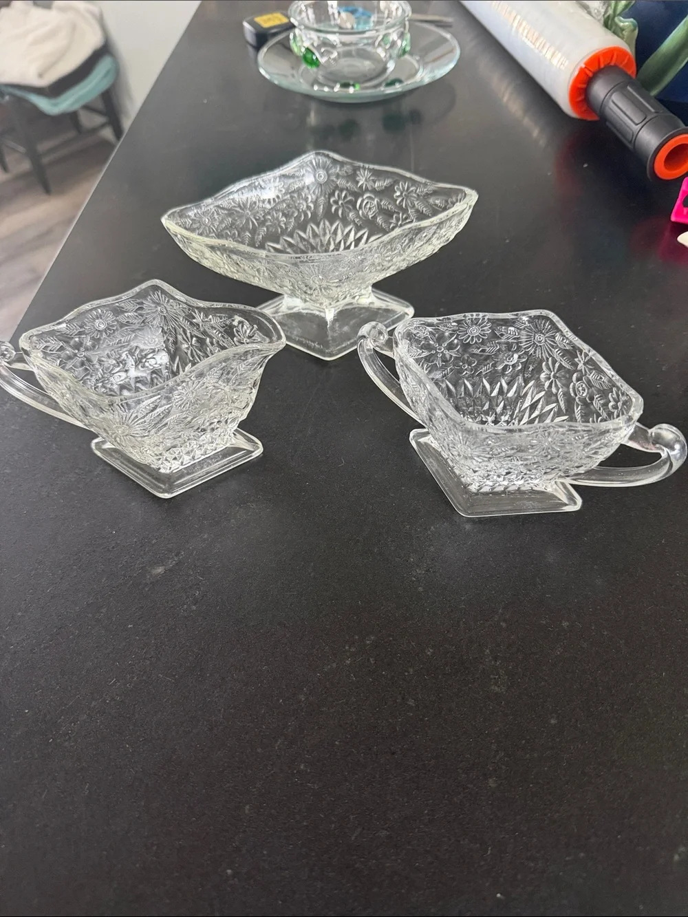 3 Piece Vintage Indiana Glass Sugar and Creamer Set - Pineapple - Floral Pattern